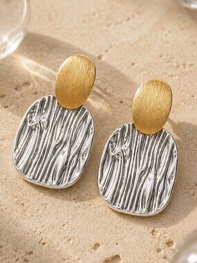 18K Gold Plated SS Old Money Two Tone Mixed Metal Drop Statement Earrings 1.97in